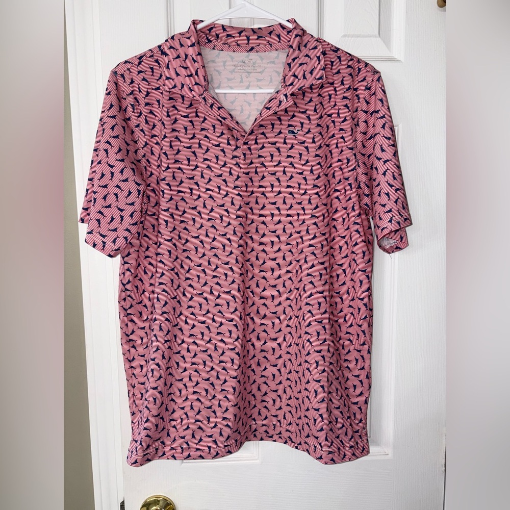 Vineyard Vines Pink and Navy Patterned Polo